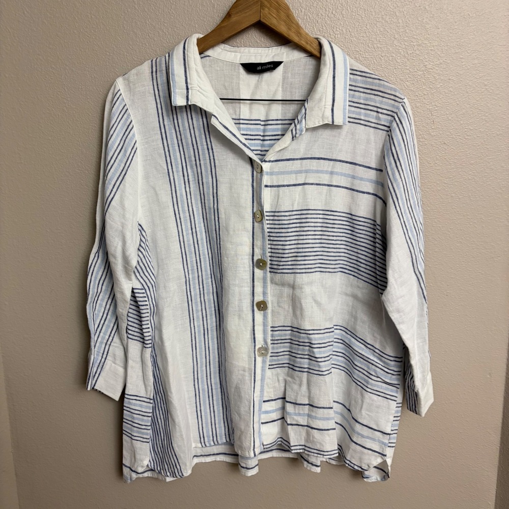 Ali Miles Button Down Top Large Blue Striped Coastal Linen Blend 3/4‎ Sleeve